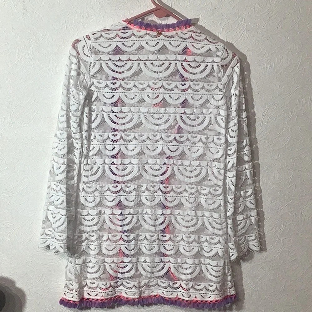 PILYQ NEW - Sz L - White Lace Cardigan with Pink and Purple Tassel Trim